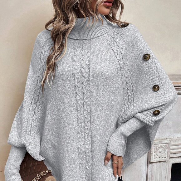 None Sweaters - Light Grey Casual Women's High Neck Batwing Sleeve Sweater With Asymmetrical Hem